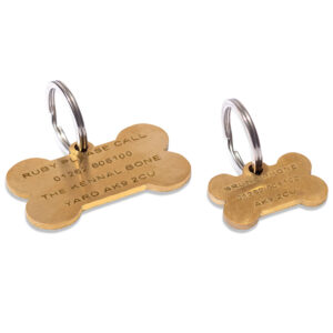 Brushed brass finish dog ID tags available in either small or large sizes
