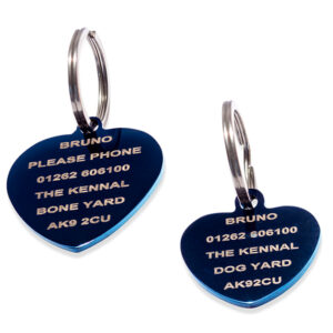 Available in either small or the large, the blue heart shaped dog ID tags can be laser engraved to ensure the safe return of your pet show they get lost