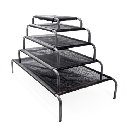 AK-9 high raised dog beds shown in five stacked size options with black mesh sleeping surfaces and durable gray metal frames.