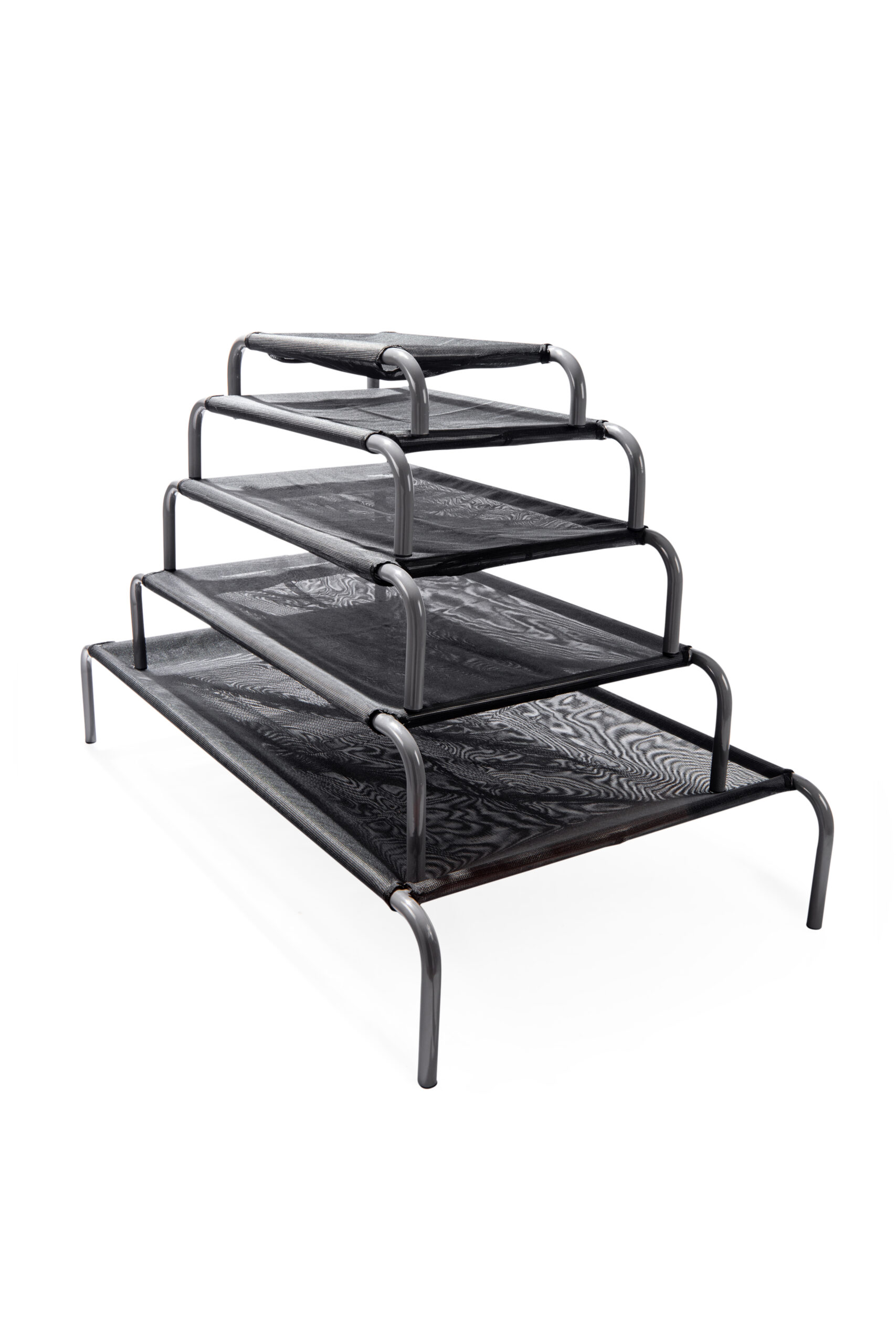 AK-9 High Raised Dog Beds AK-9 high raised dog beds shown in five stacked size options with black mesh sleeping surfaces and durable gray metal frames.