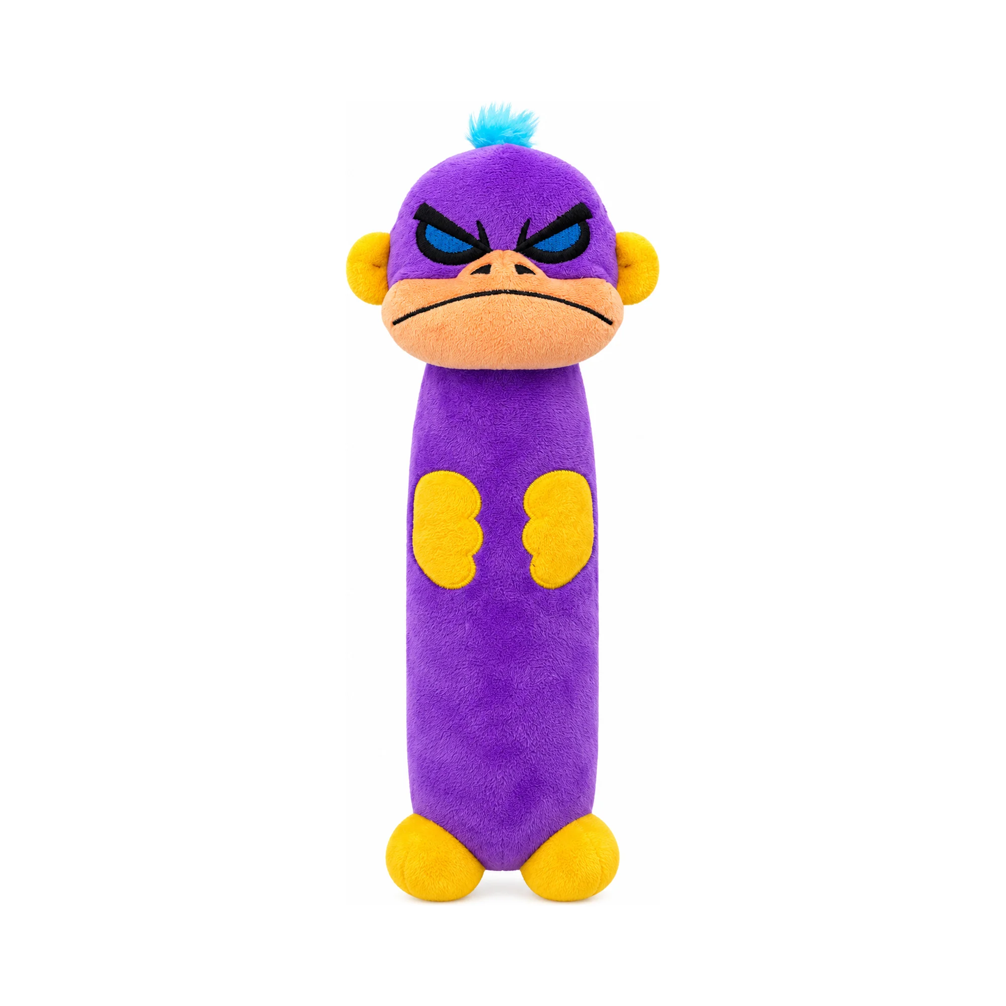 DuraToy Angry Monkey Crinkle Water Bottle Dog Toy — front view DuraToy Angry Monkey Crinkle Water Bottle Dog Toy, purple, yellow, orange, front view