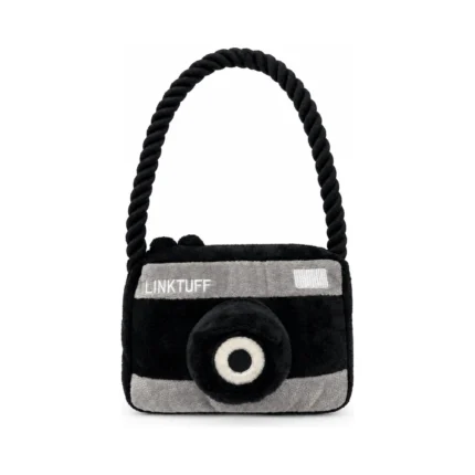DuraToy Camera Rope Strap Squeaky Dog Toy, black, grey, front view