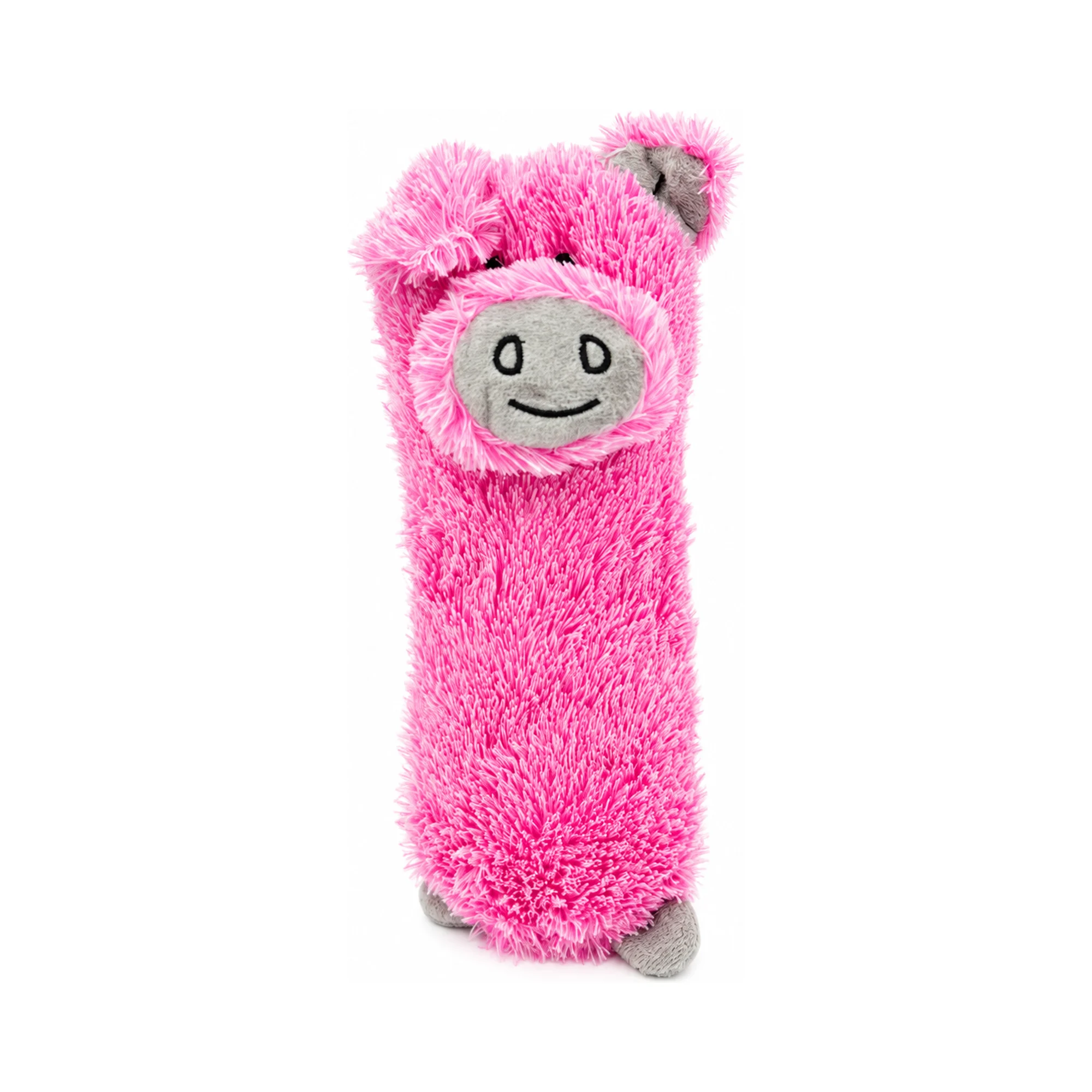 DuraToy Fluffy Piggy Soft Cushion Squeaky Dog Toy — front view DuraToy Fluffy Piggy Soft Cushion Squeaky Dog Toy, pink, green, grey, front view