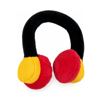DuraToy Headphones Crunchy Squeaky Dog Toy, red, yellow, black, front view