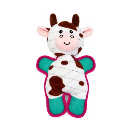 DuraToy Minty Cow Squeaky Dog Toy, pink, green, white, brown, front view