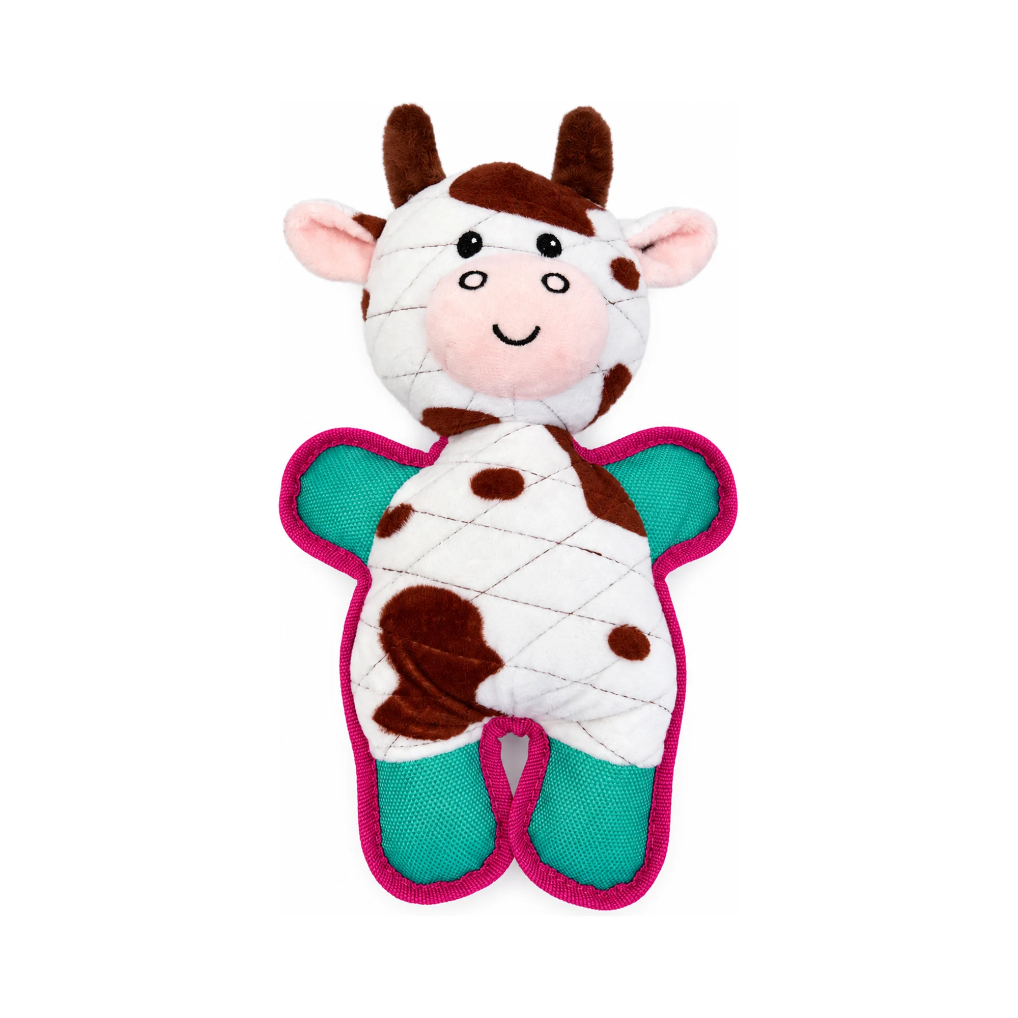 DuraToy Minty Cow Squeaky Dog Toy — front view DuraToy Minty Cow Squeaky Dog Toy, pink, green, white, brown, front view