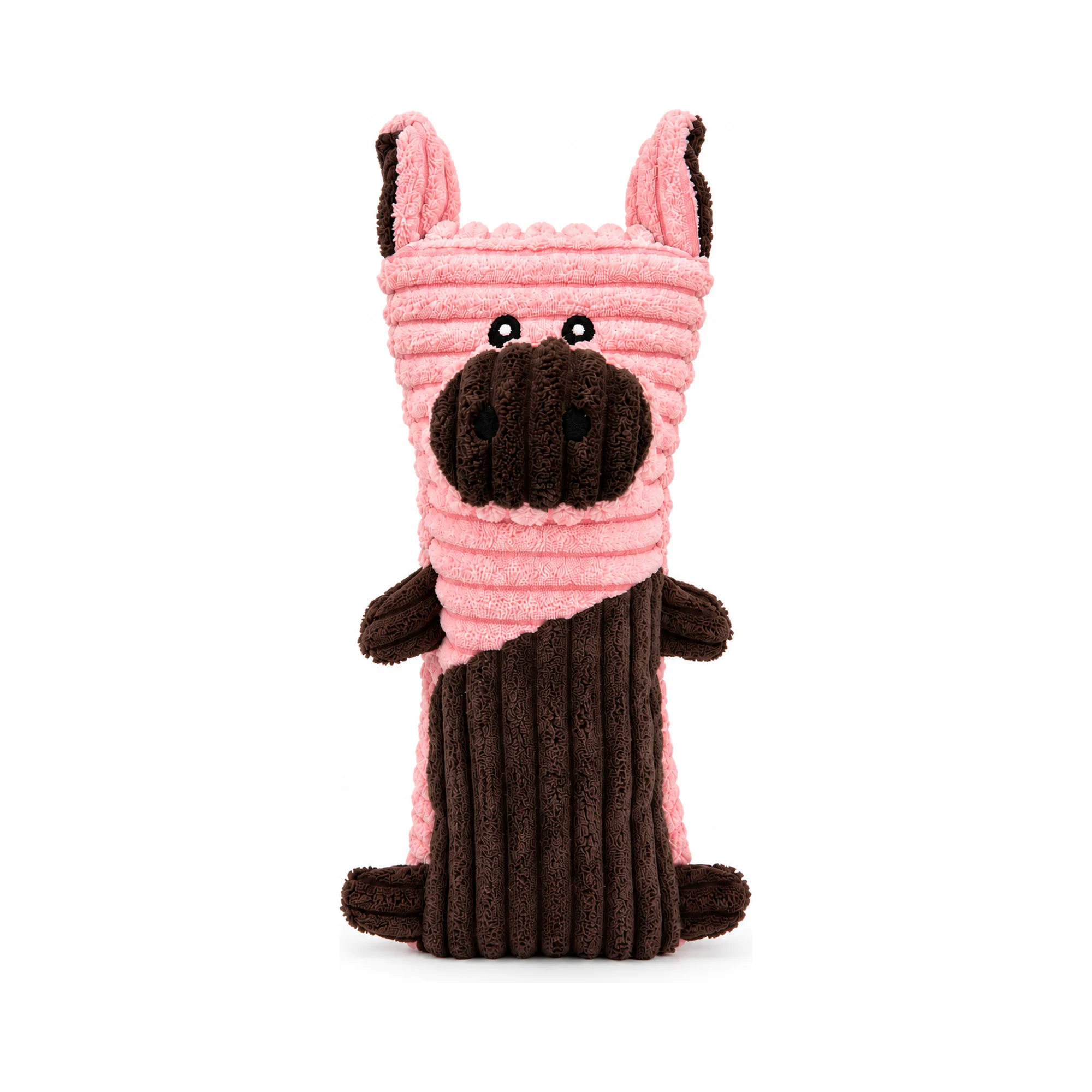 DuraToy Oink Striped Pillow Squeaky Dog Toy — front view DuraToy Oink Striped Pillow Squeaky Dog Toy, pink, brown, front view