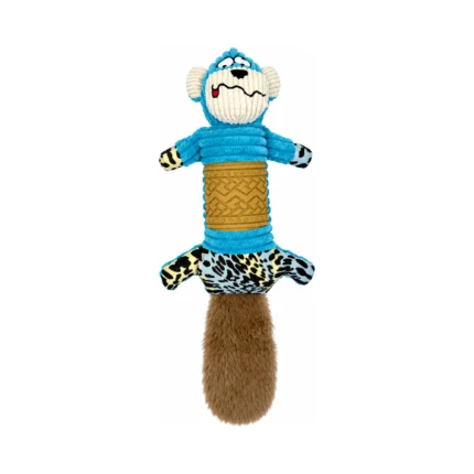 DuraToy Blue Rascal Crunchy Tail Dog Toy, blue, yellow, brown, front view