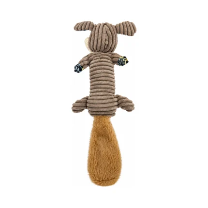 DuraToy Grey Scamp Crunchy Tail Dog Toy, grey, yellow, blue, back view
