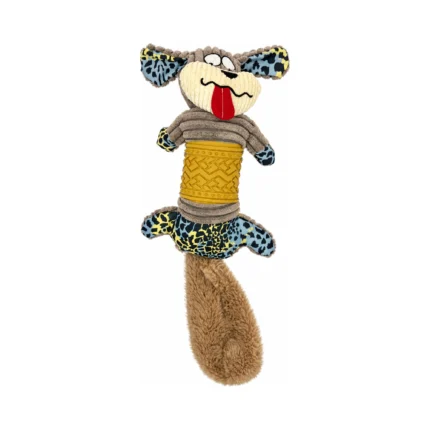 DuraToy Grey Scamp Crunchy Tail Dog Toy, grey, yellow, blue, front view