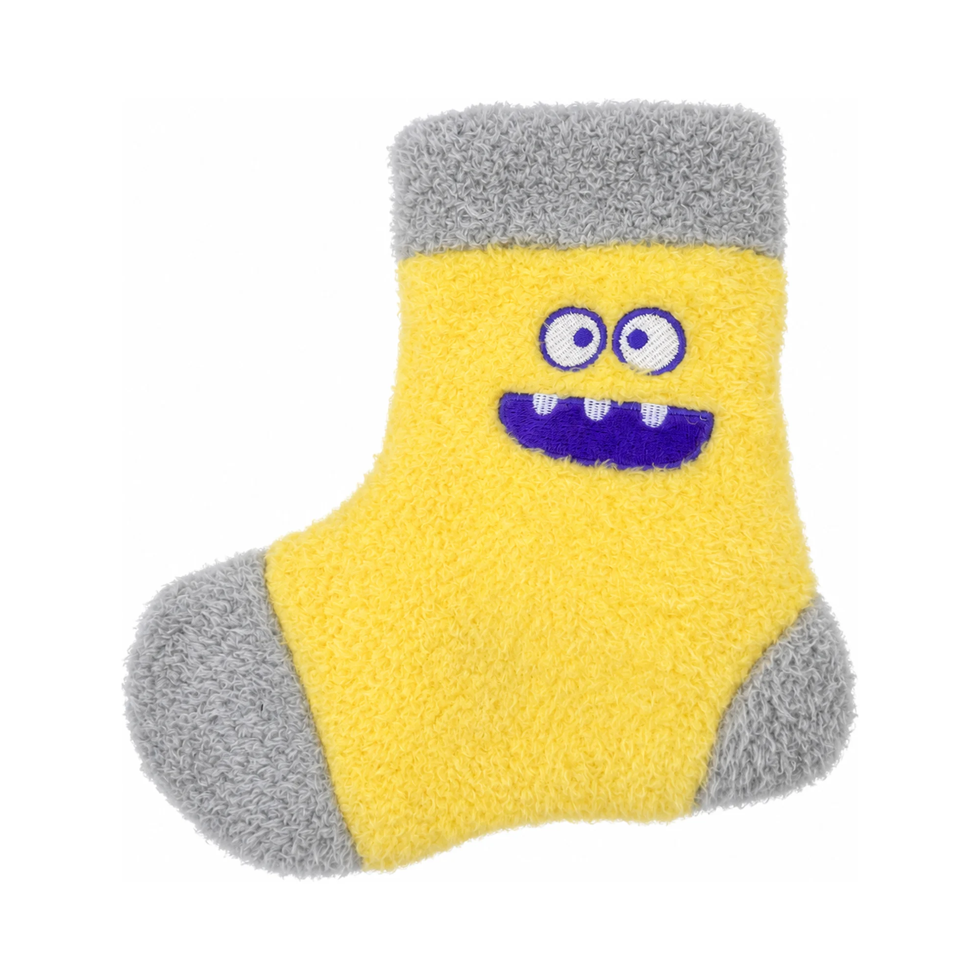 DuraToy Silly Sock Squeaky Dog Toy — front view DuraToy Silly Sock Squeaky Dog Toy, yellow with purple and grey detailing, front view