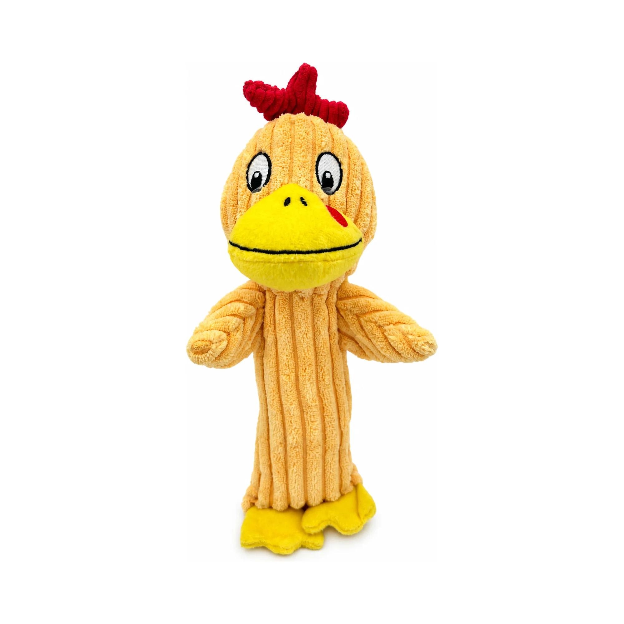 DuraToy Stripey Chicken Crinkle Squeaky Dog Toy — front view DuraToy Stripey Chicken Crinkle Squeaky Dog Toy, yellow, front view