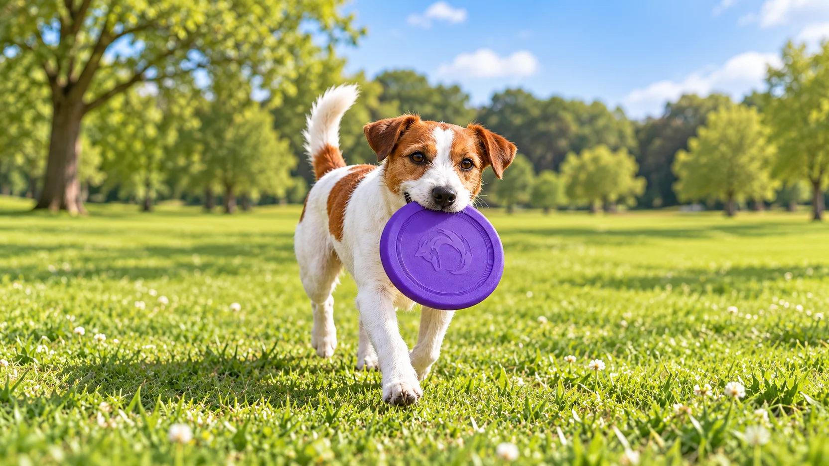 A Jack Russell carrying the purple Medium DuraToy dog flying disc across a lawn