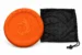 The orange XL DuraToy Flying Disc standing beside the black mesh drawstring bag it is supplied with