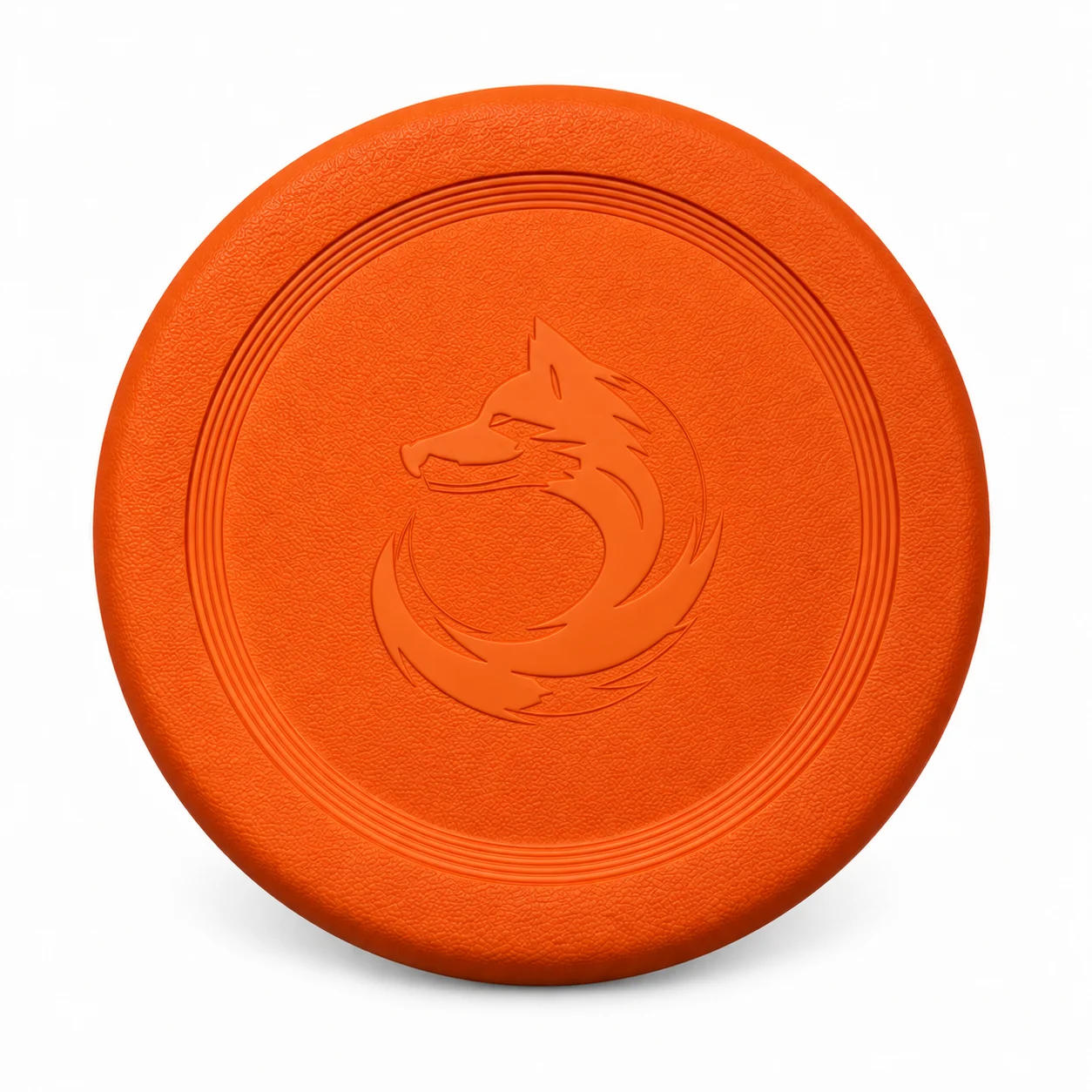 DuraToy Flying Disc Dog Toy - Orange, XL (21cm) - product shot The orange XL DuraToy Flying Disc photographed face on, showing the embossed emblem and the concentric ridges around it