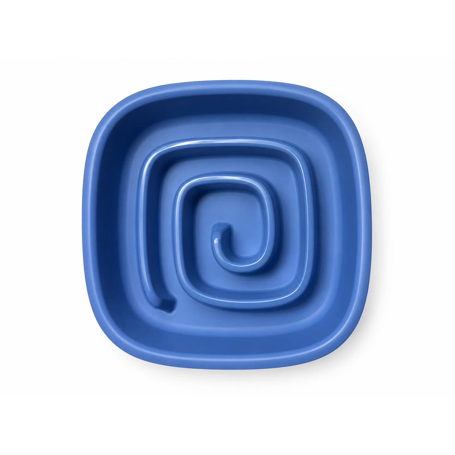 The blue Hungry Henry Maze Slow Feeder photographed from above, showing the spiral channel