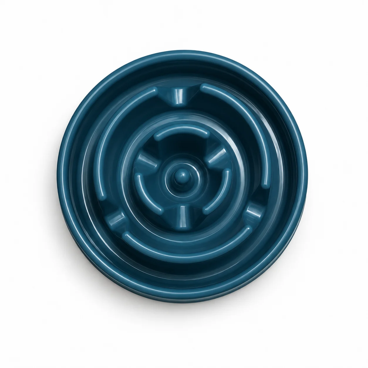 The blue Hungry Henry Ring Maze Slow Feeder photographed from above, showing the two broken rings and centre post