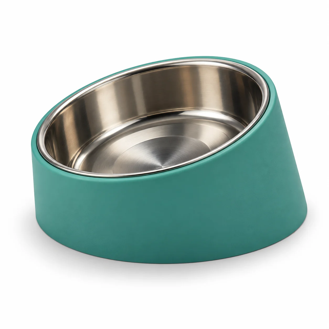 The large Hungry Henry Slanted Dog Bowl in green, photographed at an angle to show the sloped top and metal insert